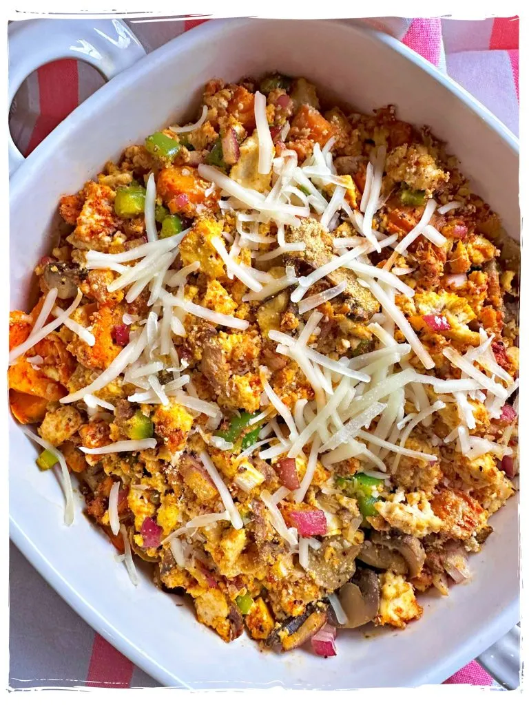 Baked Sweet Potato Tofu Scramble Recipe Easy Breakfast Plant based Healthy from Planted365